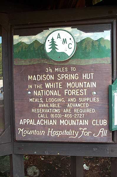 Appalachia trailhead sign - 3 3/4 miles to Madison Springs Hut in the White Mountain National Forest