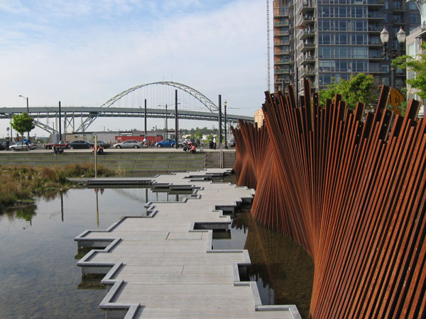 Tanner Springs is a park that is part wetland, part art. One of the nice things about it is that despite all the new buidlings in the Pearl District, the view of the Fremont Bridge was preserved from this park. For now anyway. 